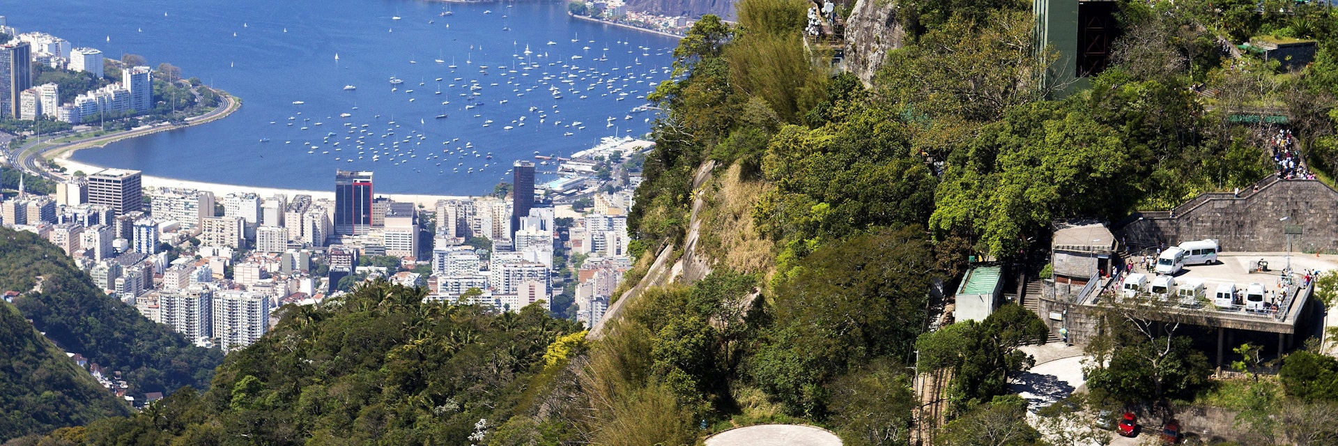 An aerial view of Rio de Janeiro and.the statue of Christ the Redeemer.