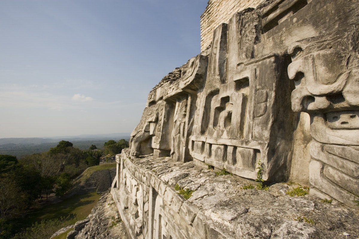 View of west facing frieze of Mayan temple in Belize.