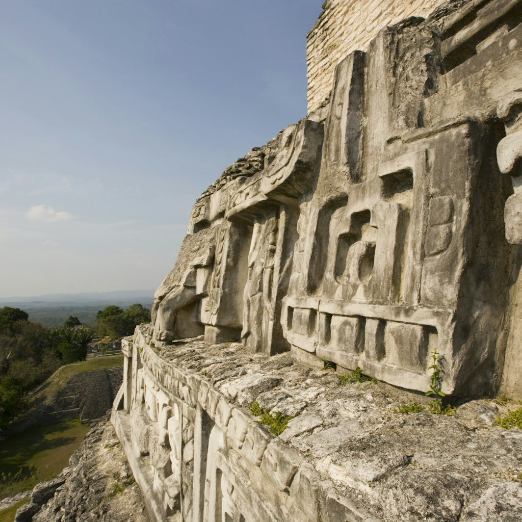 View of west facing frieze of Mayan temple in Belize.