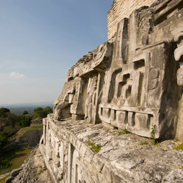View of west facing frieze of Mayan temple in Belize.