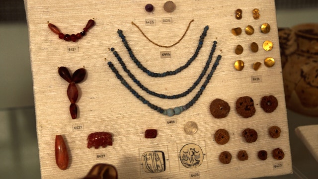 Ancient jewellery from a Mycenian (16BC) cemetery on display in the Archaeological Museum in Athens.