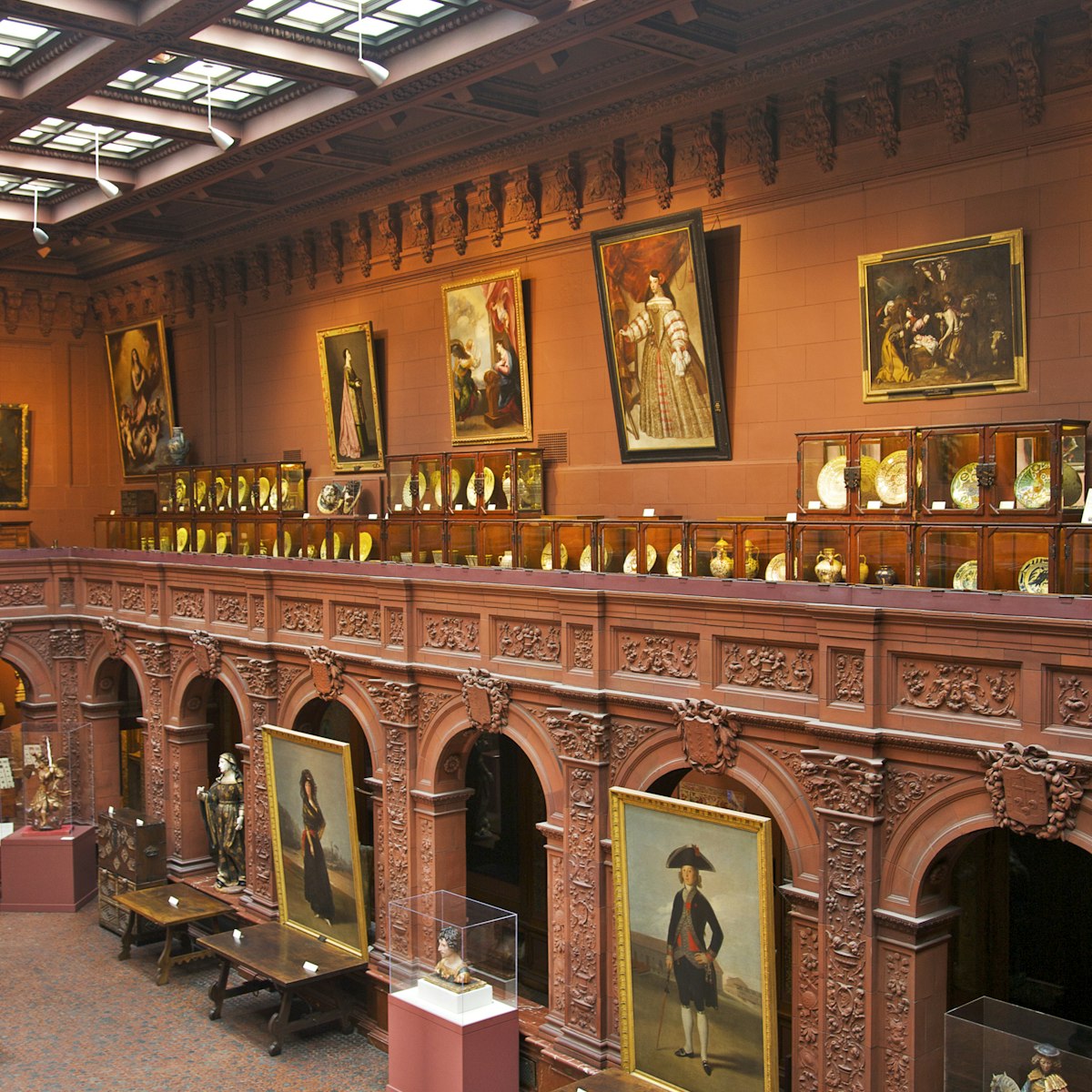 Interior view of Hispanic Society of America showing twostory gallery with paintings, sculpture, decorative arts, archaeology, prints and photographs, Upper West Side, New York, NY, U.S.A.