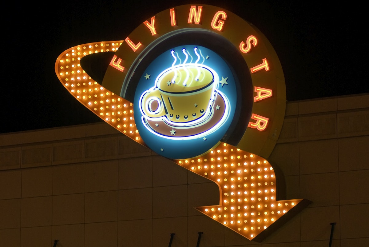 Flying Star neon cafe sign on Route 66, Central Avenue in Downtown Albuquerque.