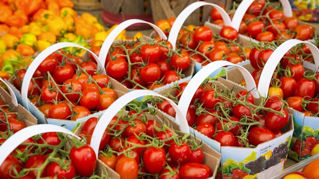 Tomatoes at stall at Marche Jean-Talon market.