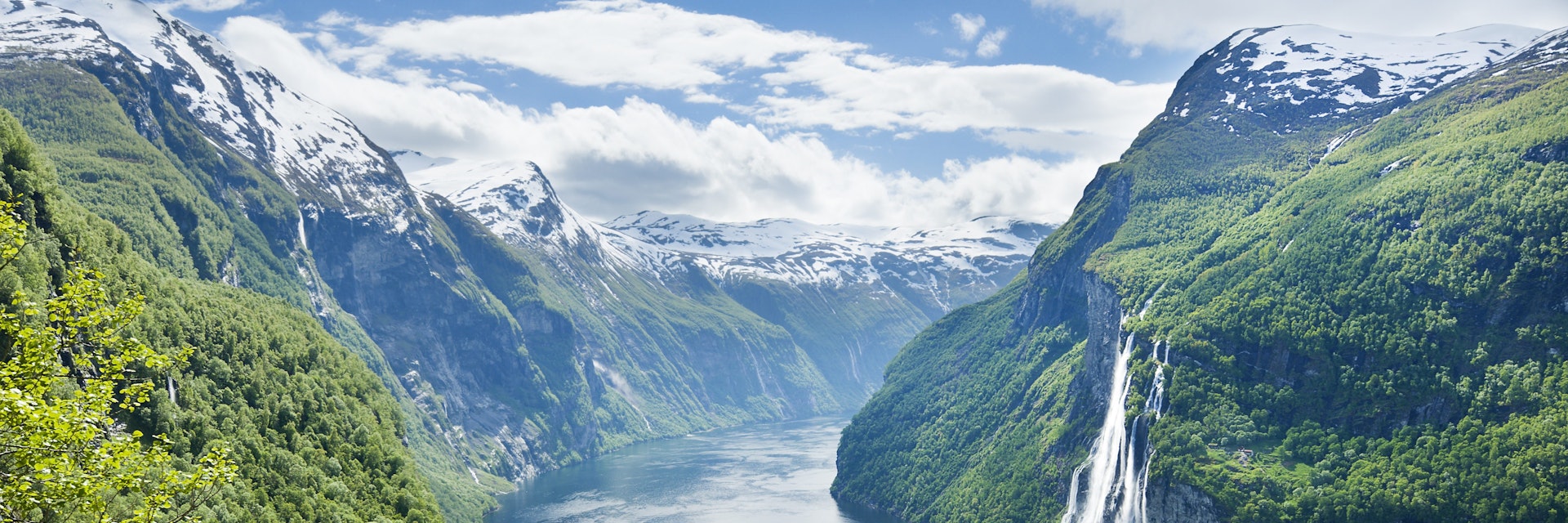 Overview of Geirangerfjord and Seven Sisters waterfall.
