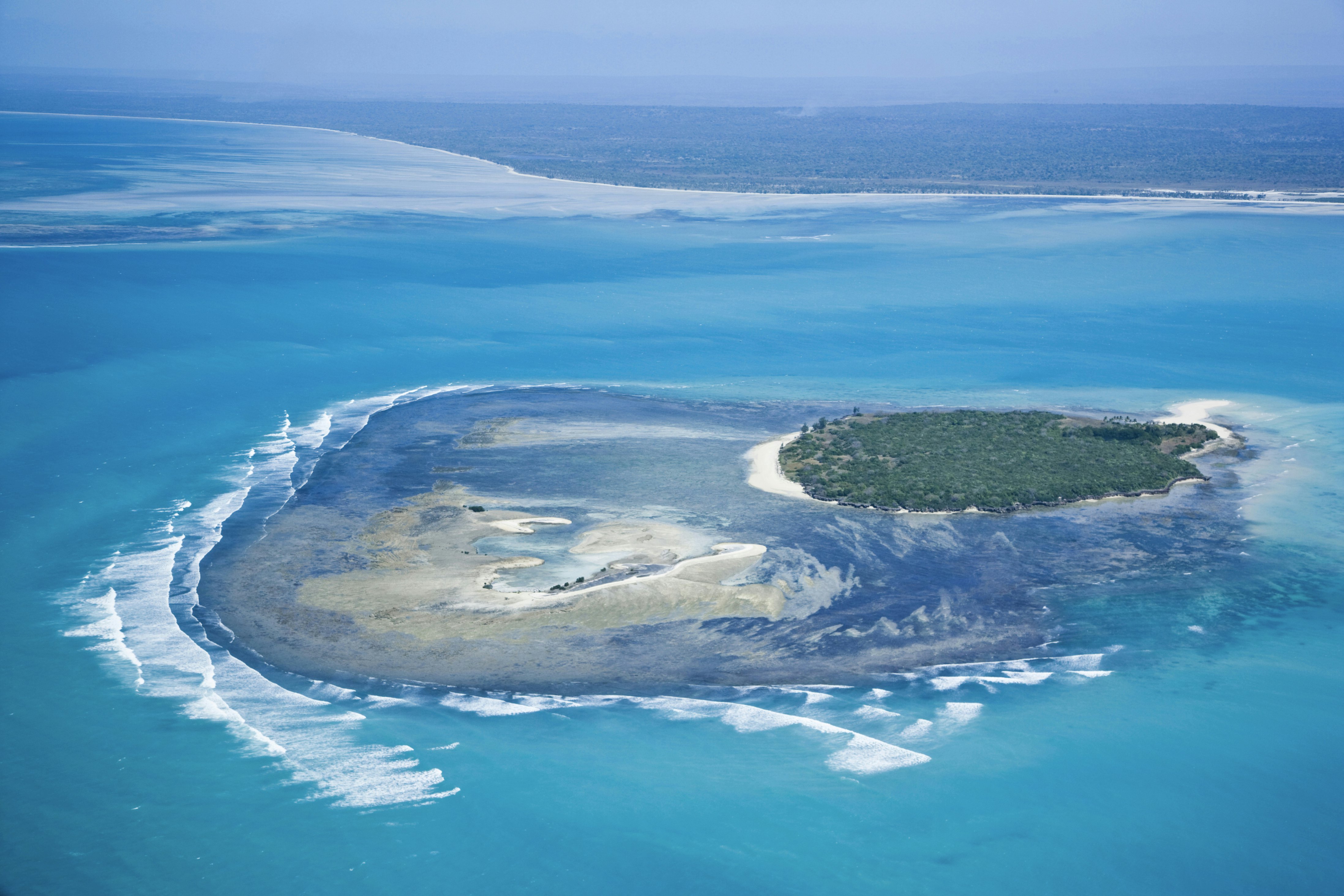 Aerial view of an island in the Quirimbas Archipelago near Pemba in northern Mozambique