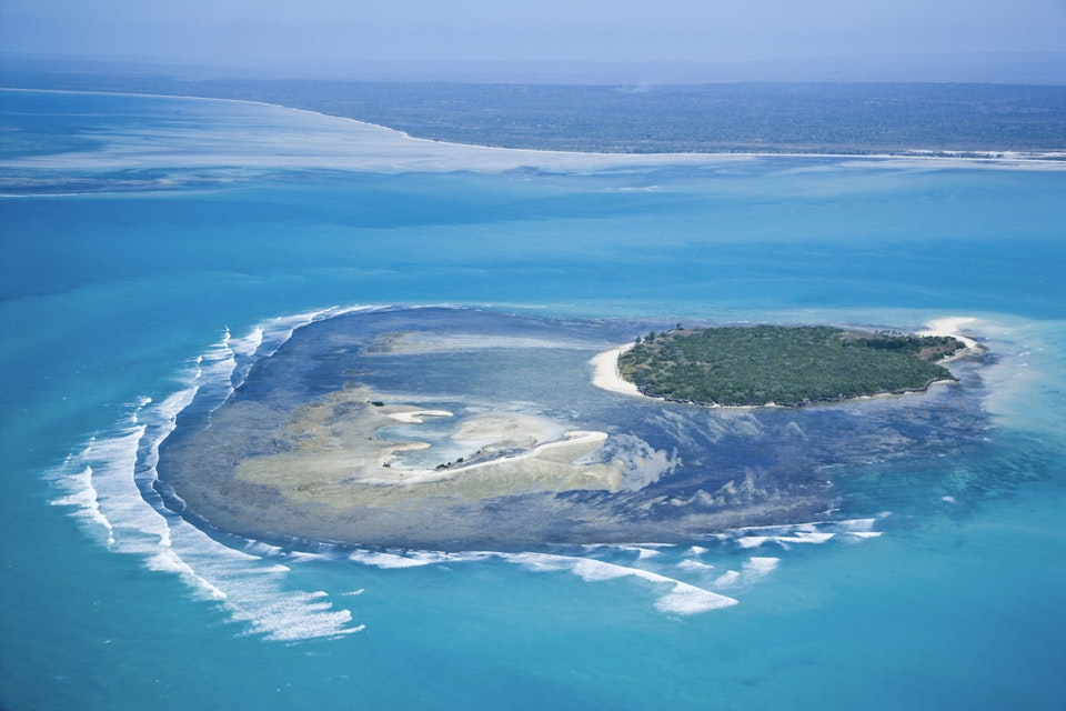 Aerial view of an island in the Quirimbas Archipelago near Pemba in northern Mozambique
