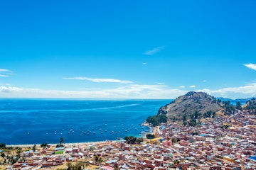 View from a hill of Copacabana, Bolivia with Lake Titicaca in the background