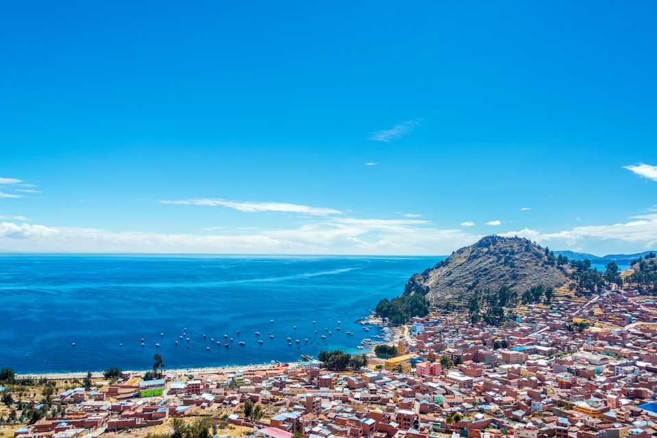 View from a hill of Copacabana, Bolivia with Lake Titicaca in the background