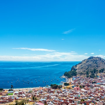 View from a hill of Copacabana, Bolivia with Lake Titicaca in the background