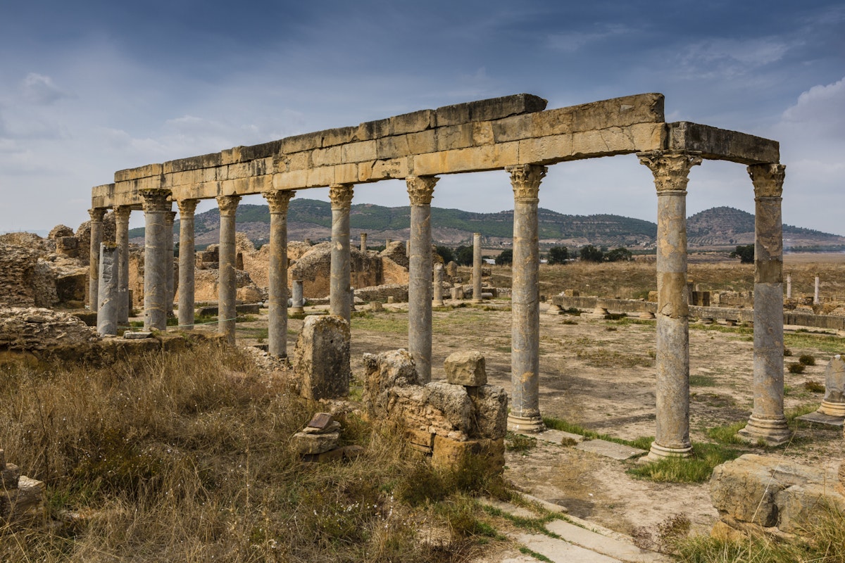 Ruins of Portico of the Petronii at Thuburbo Majus Roman monument.