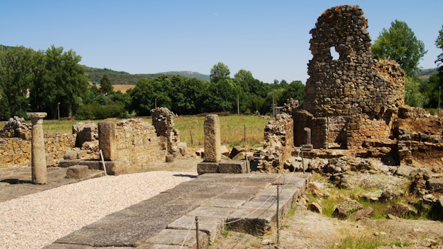 Archaeologic ruins of roman city of Ammaia. Columns and pavement at South gate. Marvao, Portalegre, Portugal. ; Shutterstock ID 217053121; Your name (First / Last): Tom Stainer; GL account no.: 65050 ; Netsuite department name: Online Editorial ; Full Product or Project name including edition: Best in Europe 2017