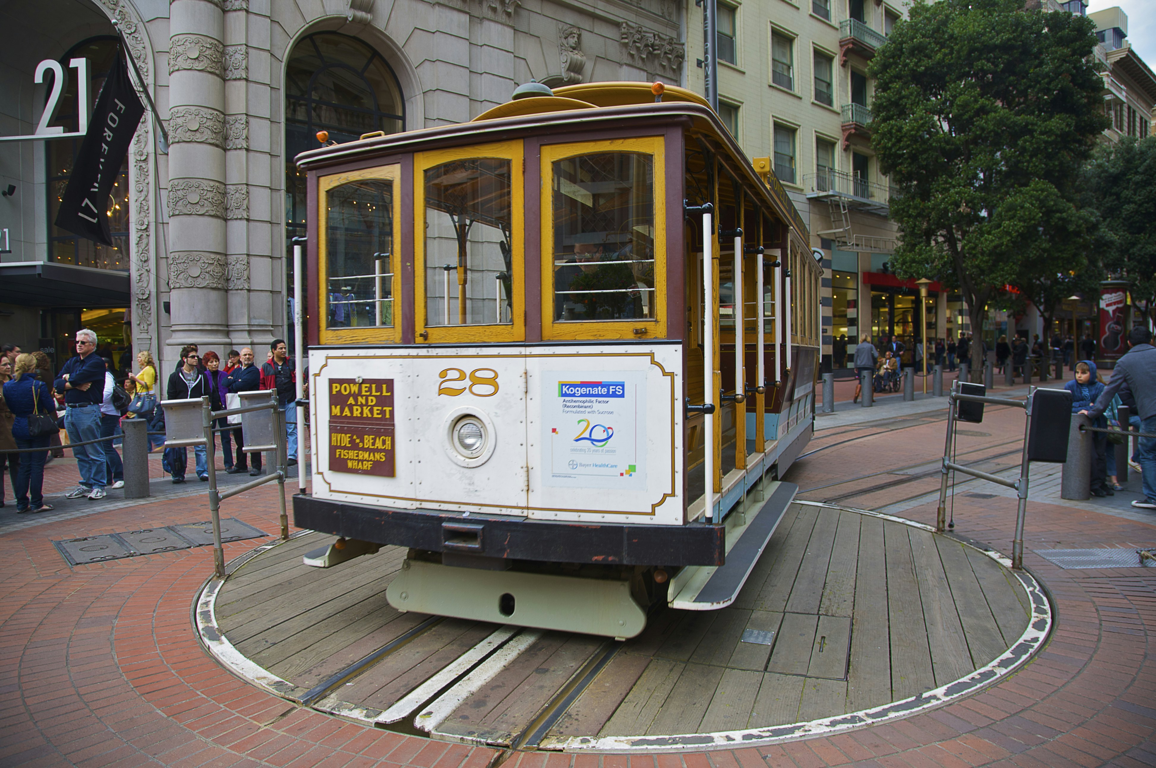 Cable car at turntable on Powell Street at Market Street, San Francisco, California