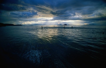 Sunlight over Lake Taupo, the largest lake in New Zealand.
