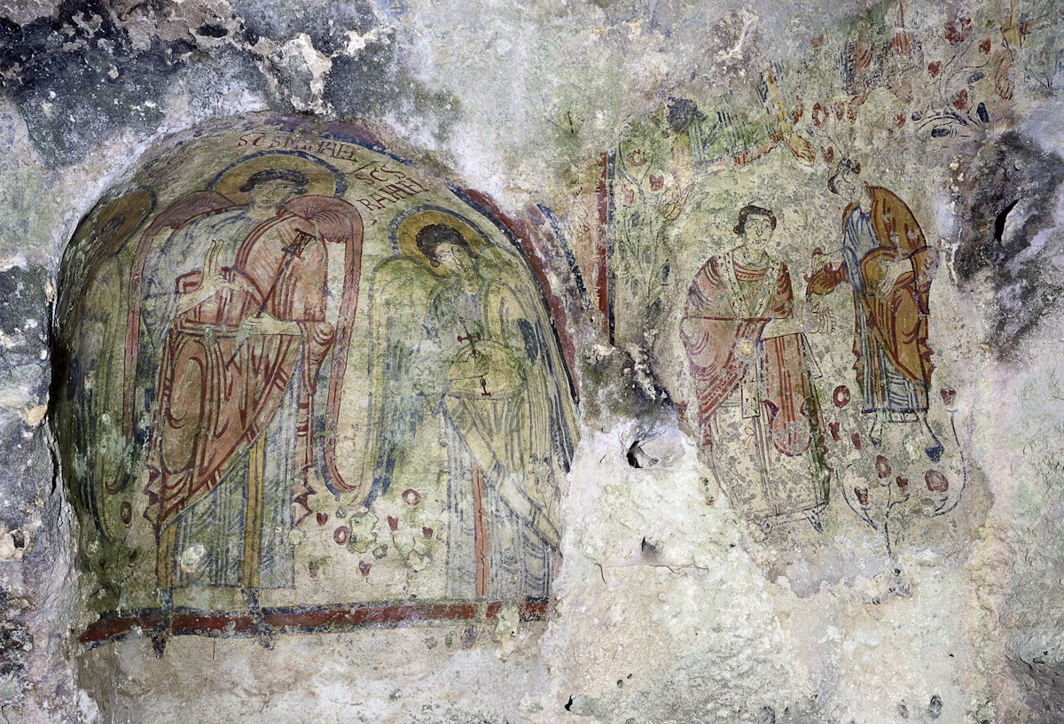 Italy, Basilicata, Matera, Crypt of the Original Sin. Detail. Bishop and diacon. (Photo by Mondadori Portfolio via Getty Images)