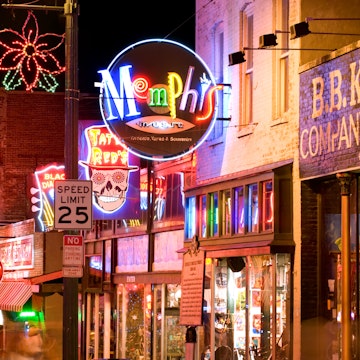 MEMPHIS, USA - NOVEMBER 25: Neon signs of famous blues clubs on historical Beale street on November 25, 2008. Beale street is a major tourist attraction and a place for blues festivals and concerts; Shutterstock ID 128086493; Your name (First / Last): redownload; GL account no.: redownload; Netsuite department name: redownload; Full Product or Project name including edition: redownload