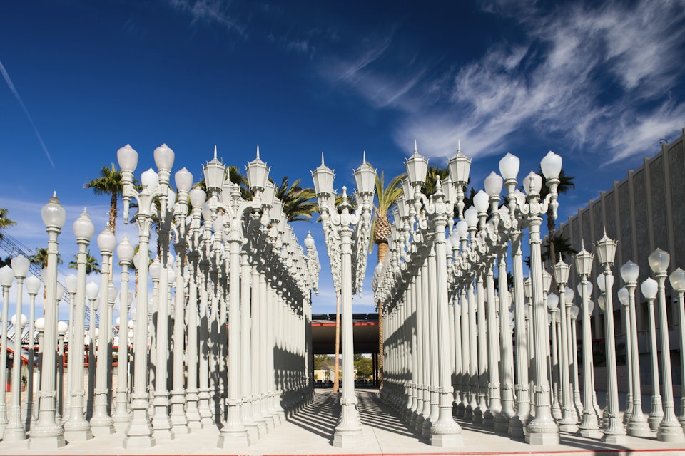 USA, California, Los Angeles, Miracle Mile District, Los Angeles County Museum of Art, LACMA, BP entrance with Urban Light by Chris Burden
