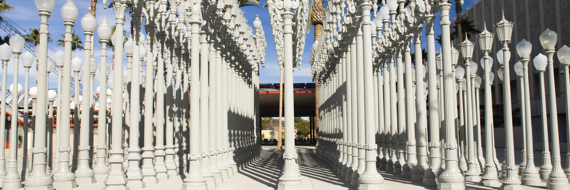 USA, California, Los Angeles, Miracle Mile District, Los Angeles County Museum of Art, LACMA, BP entrance with Urban Light by Chris Burden