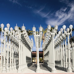 USA, California, Los Angeles, Miracle Mile District, Los Angeles County Museum of Art, LACMA, BP entrance with Urban Light by Chris Burden