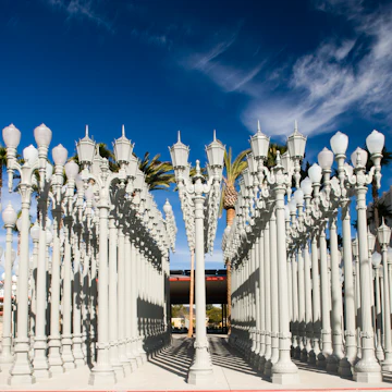 USA, California, Los Angeles, Miracle Mile District, Los Angeles County Museum of Art, LACMA, BP entrance with Urban Light by Chris Burden