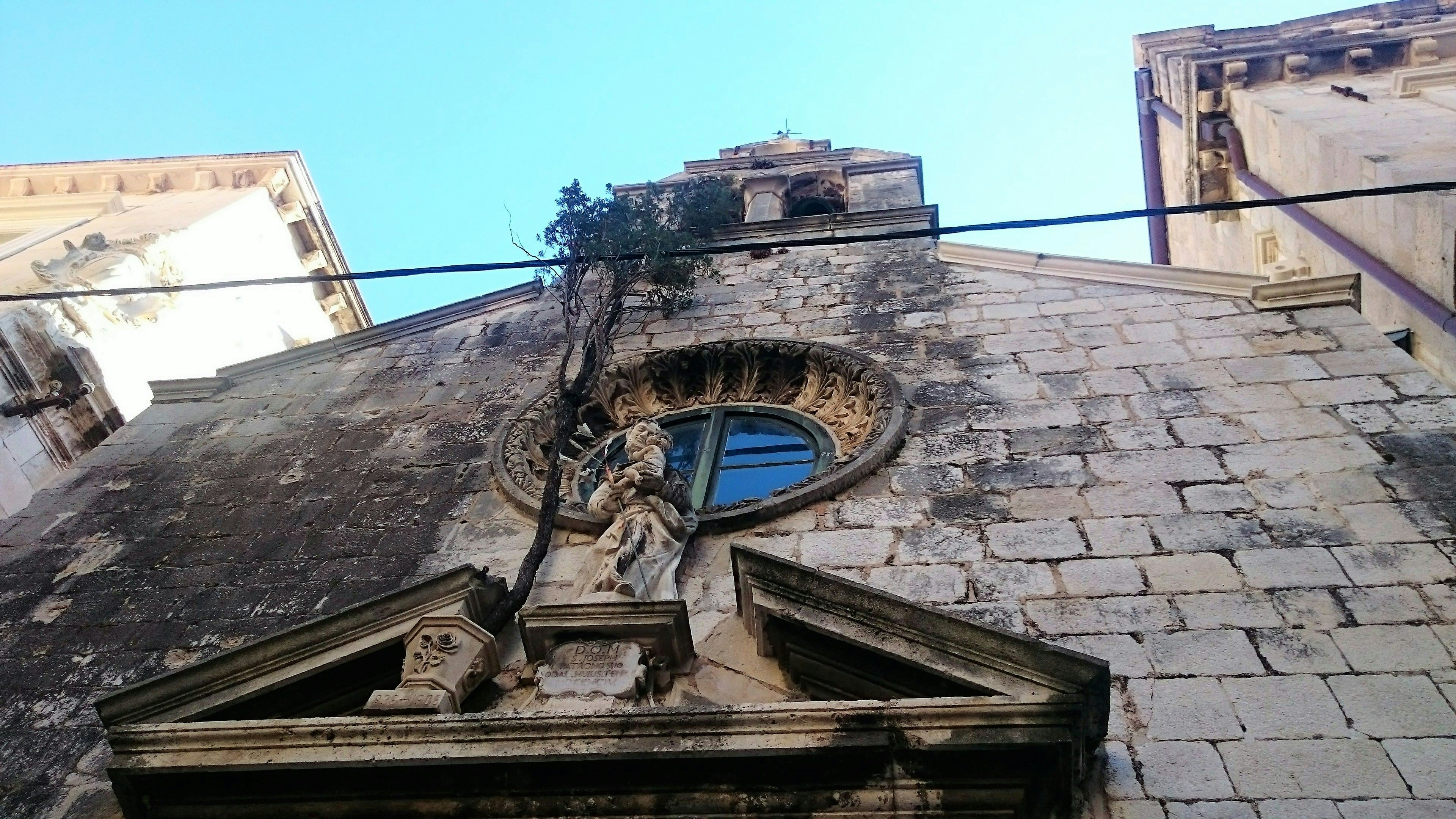 The cypress tree and Statue of St. Joseph's on the front facade
