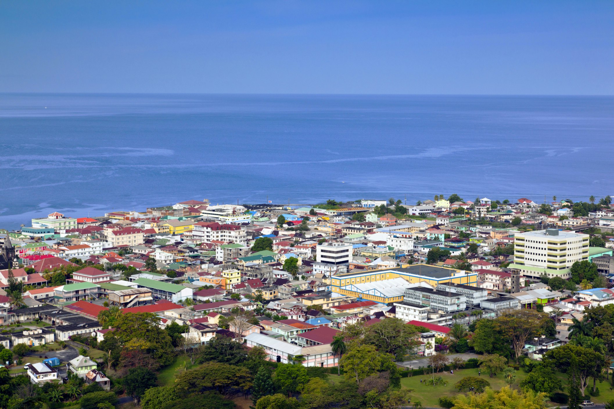 Dominica, Roseau, elevated town view, morning
