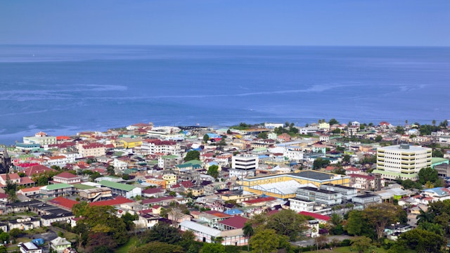 Dominica, Roseau, elevated town view, morning