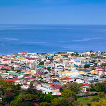 Dominica, Roseau, elevated town view, morning