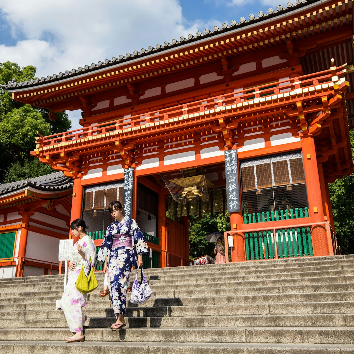 KYOTO, JAPAN - 2016/07/19: Yasaka Shrine or in Japanese Yasaka Jinja was once called Gion Shrine includes several buildings, a main hall and a stage on which kendo and noh performances are held.   The shrine was constructed in the year 656 and was under imperial patronage during the early Heian period.   In the year 869 the mikoshi portable shrines or divine palanquins of Gion Shrine were paraded through Kyoto to help ward off an epidemic  which was the beginning of the Gion Matsuri, an annual festival which has become an intangible UNESCO world heritage artifact. (Photo by John S Lander/LightRocket via Getty Images)