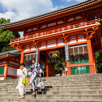 KYOTO, JAPAN - 2016/07/19: Yasaka Shrine or in Japanese Yasaka Jinja was once called Gion Shrine includes several buildings, a main hall and a stage on which kendo and noh performances are held. The shrine was constructed in the year 656 and was under imperial patronage during the early Heian period. In the year 869 the mikoshi portable shrines or divine palanquins of Gion Shrine were paraded through Kyoto to help ward off an epidemic which was the beginning of the Gion Matsuri, an annual festival which has become an intangible UNESCO world heritage artifact. (Photo by John S Lander/LightRocket via Getty Images)