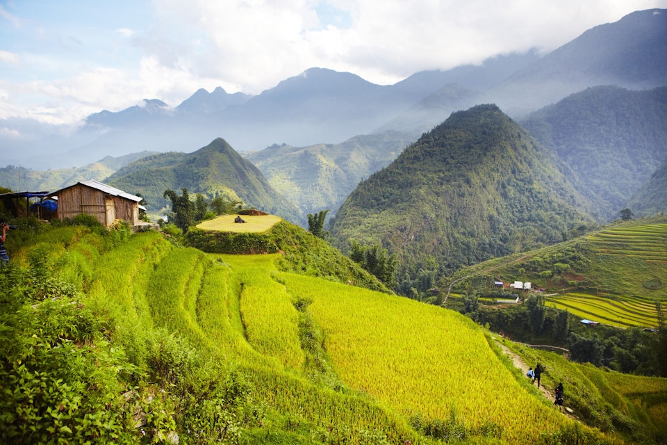 Overview of rice terraces and mountain terrain in Cat Cat village.