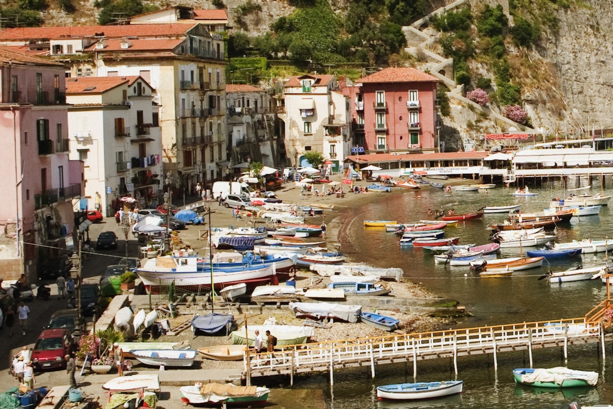 High angle view of boats at a harbor, Marina Grande, Capri, Sorrento, Sorrentine Peninsula, Naples Province, Campania, Italy