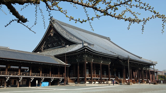KYOTO, JAPAN - 2012/04/09: Nishi Hongan-ji or the "Western Temple of the Original Vow" is one of two temple complexes of Jodo Shinshu Buddhism in Kyoto, the other being Higashi Honganji (or "The Eastern Temple of the Original Vow". Today it serves as the head temple of the Jodo Shinshu sect.  Nish Honganji is older than the Higashi Honganji and has more integral architecture. Together they are listed as Historic Monuments of Ancient Kyoto as also a UNESCO World Heritage Site.. (Photo by John S. Lander/LightRocket via Getty Images)