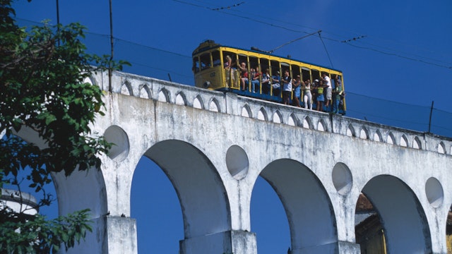 Bondinho (tram) on Lapa Arches, Lapa.