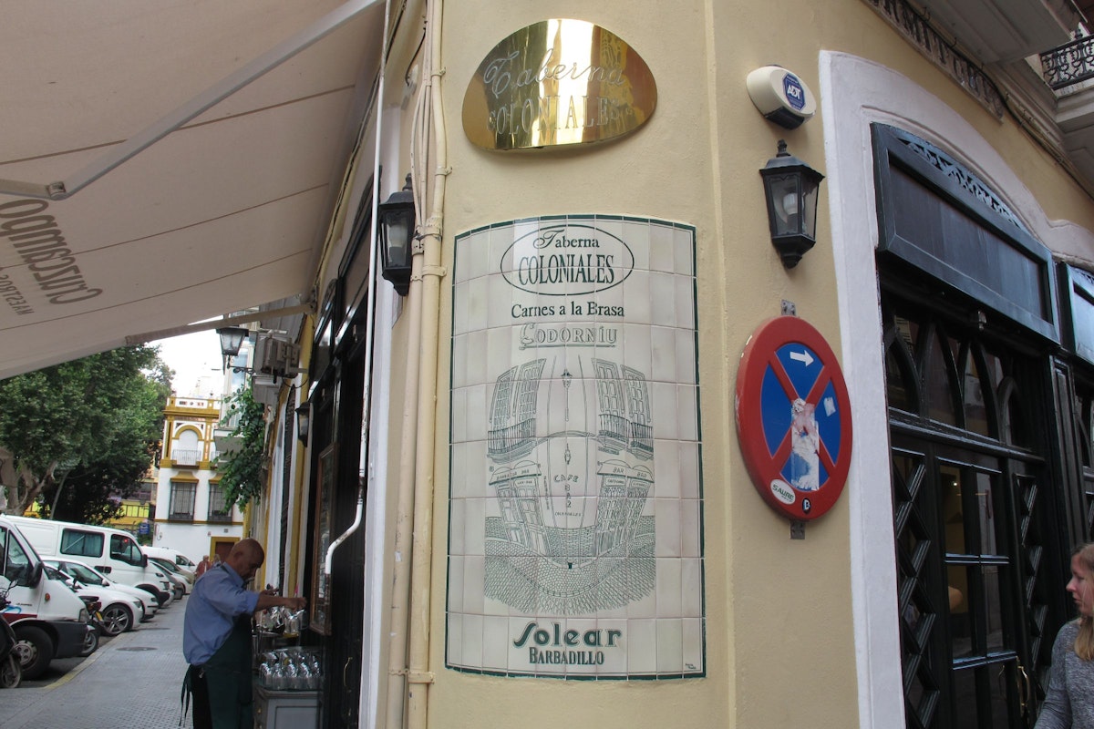 Taberna Coloniales San Pedro bar tiled sign.