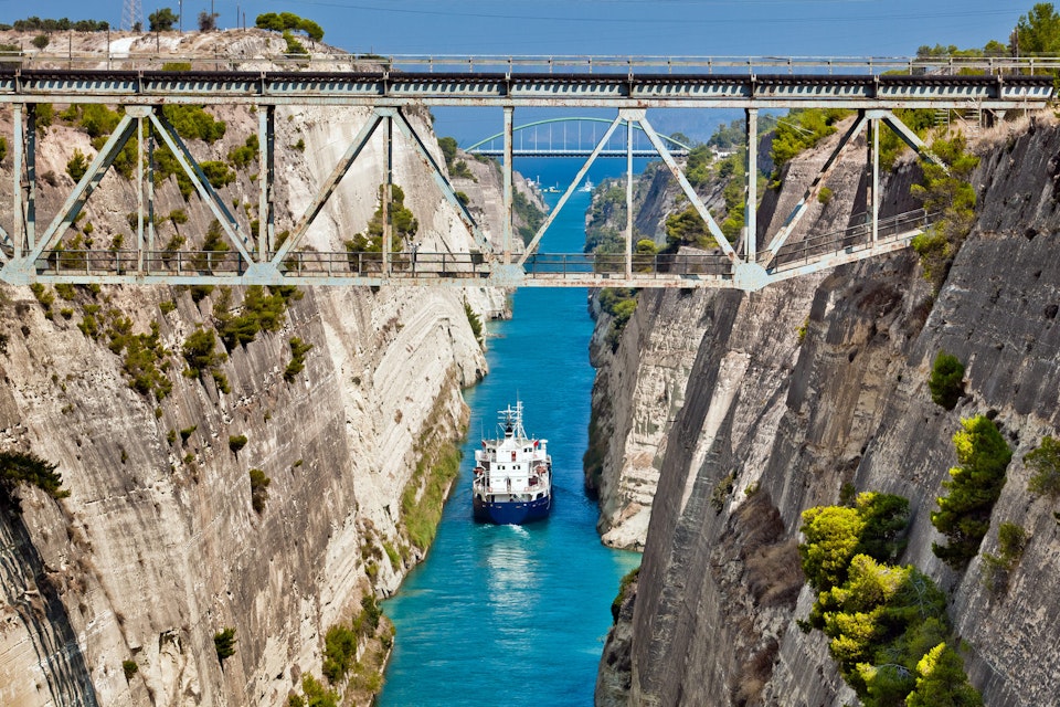 The boat crossing the Corinth channel in Greece, near Athens; Shutterstock ID 68480968; Your name (First / Last): Emma Sparks; GL account no.: 65050; Netsuite department name: Online Editorial; Full Product or Project name including edition: Best in Europe POI updates