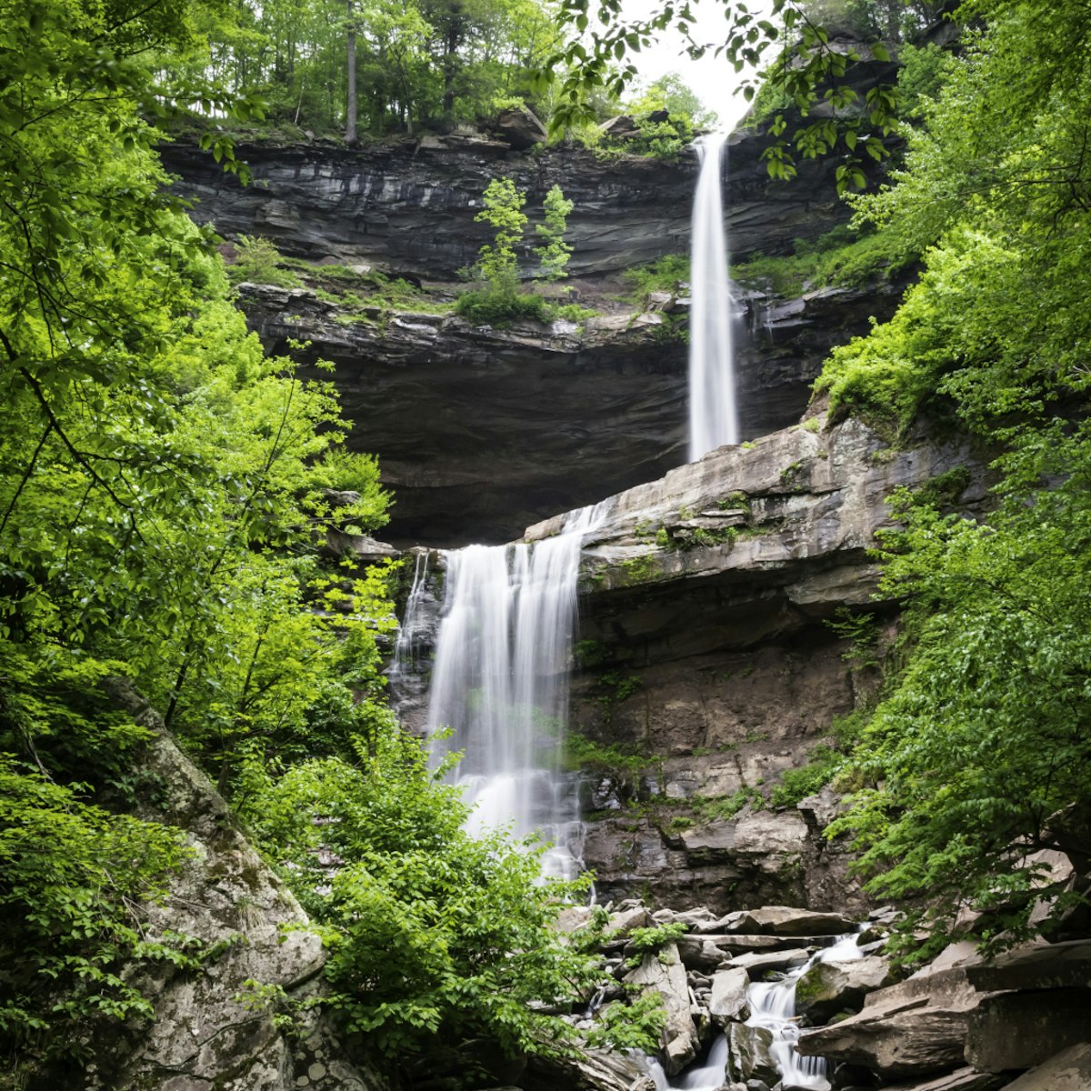 Two-Tier Waterfall surrounded by such green trees in Summer. Kaaterskill Falls taken in the Catskills, NY.