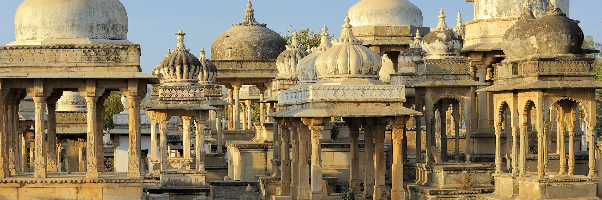 India, Rajasthan State, surroundings of Udaipur, Ahar site contains more than 250 cenotaphs of the maharanas of Mewar that were built over approximately 350 years. There are 19 chhatris that commemorate the 19 maharajas who were cremated here