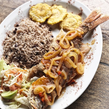 A plate of red snapper and Caribbean rice at Restaurante Elena Brown.
