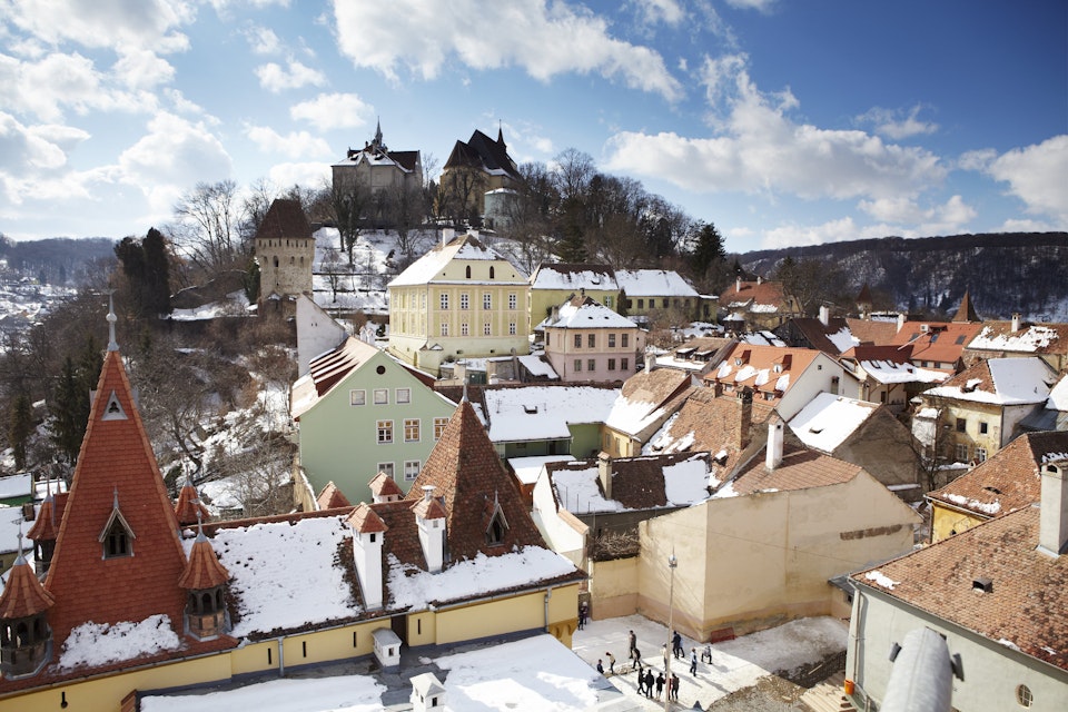 Overview of walled town of Sighisoara, birthplace of Vlad Dracula.