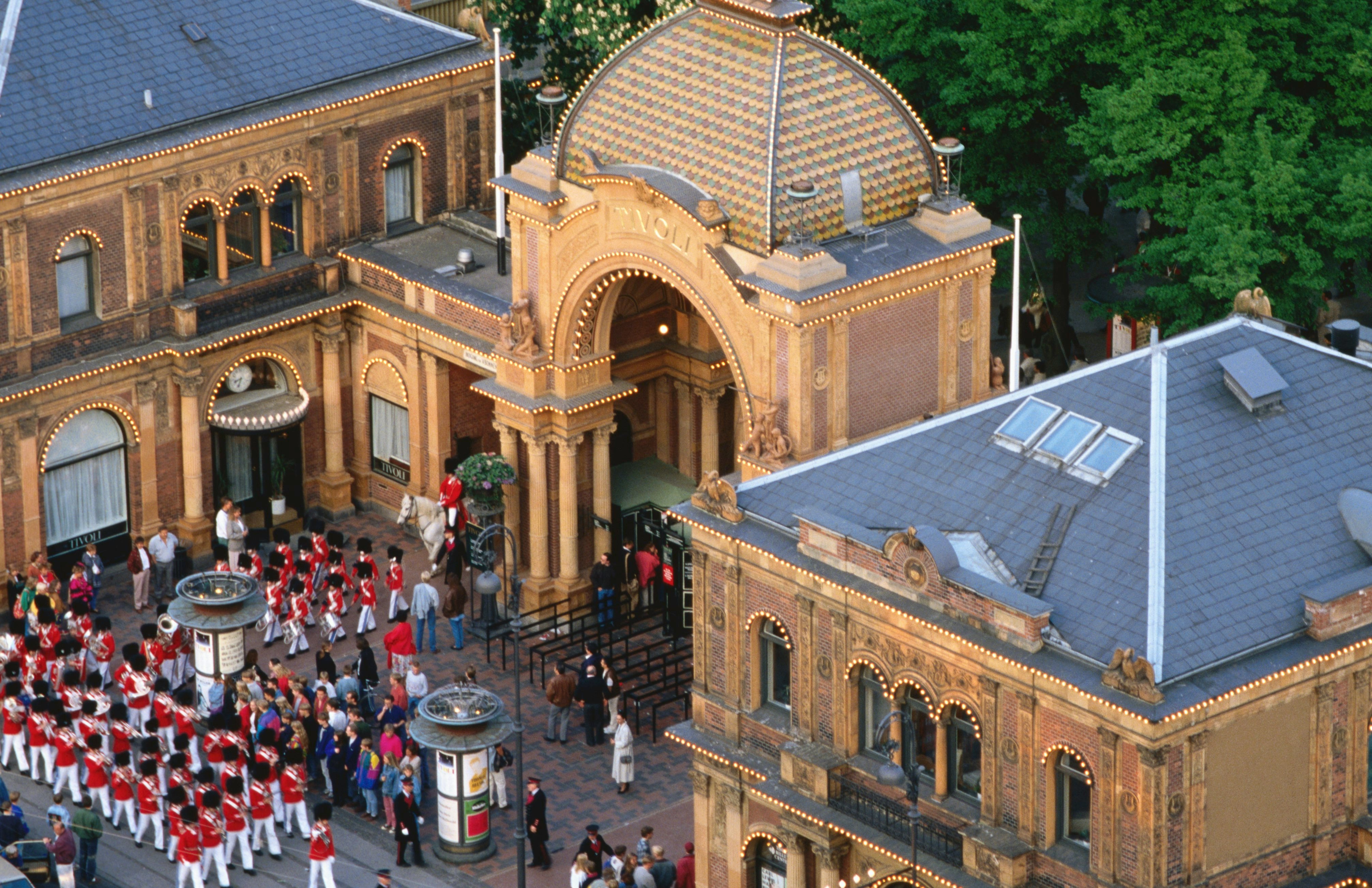 A boat pulls up at the entrance to the Grona Lund Tivoli fun park in Stockholm.