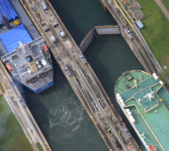 Aerial overlooking two vessels during manoeuvres in Gatun Locks, Panama Canal.