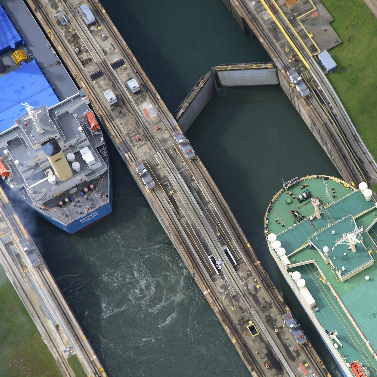 Aerial overlooking two vessels during manoeuvres in Gatun Locks, Panama Canal.