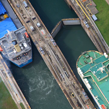 Aerial overlooking two vessels during manoeuvres in Gatun Locks, Panama Canal.