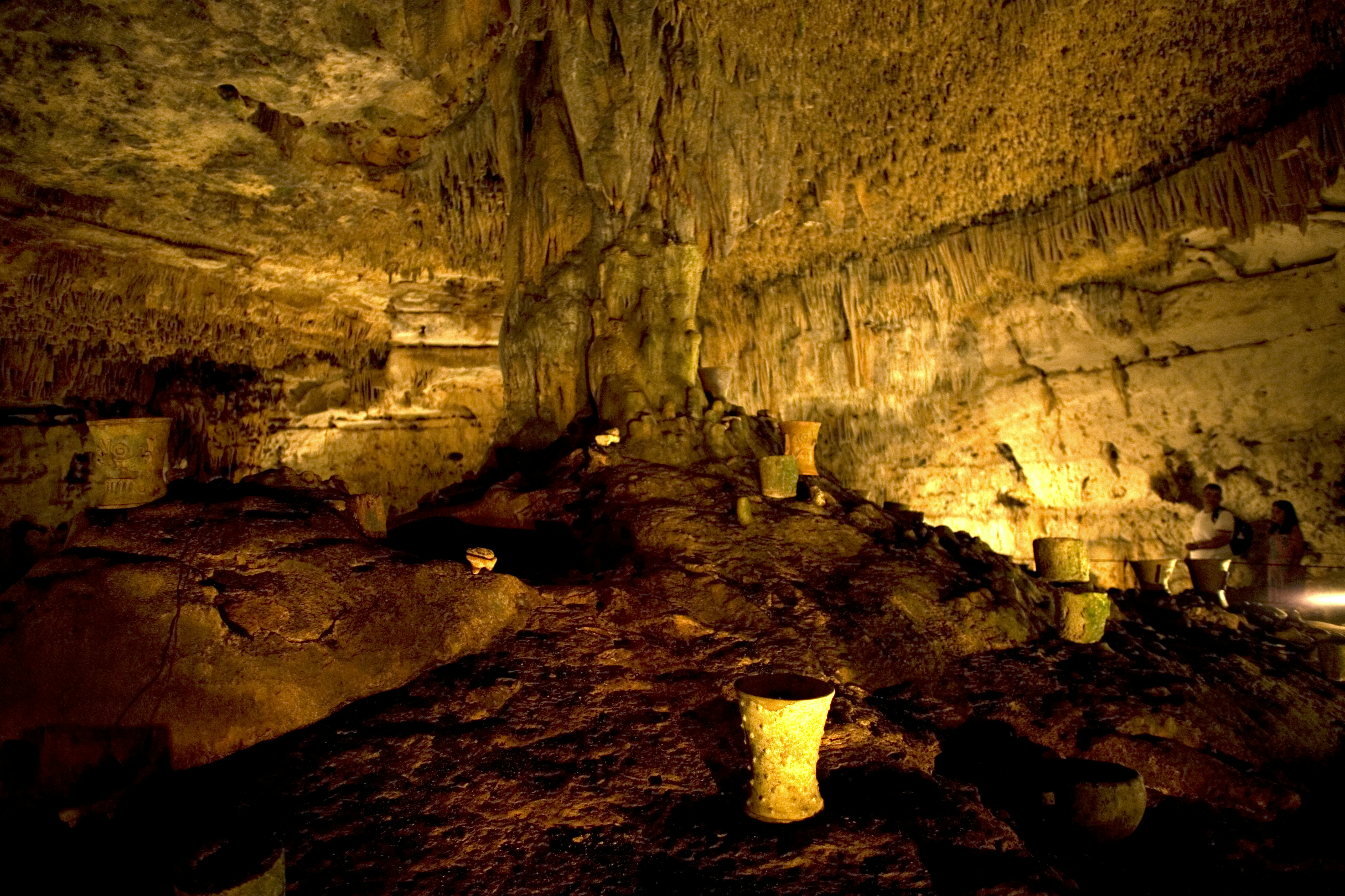 Pre-hispanic pottery is displayed in Balankanche cave near Chichen Itza on Mexico's Yucatan peninsula