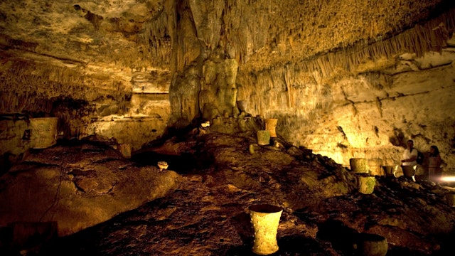 Pre-hispanic pottery is displayed in Balankanche cave near Chichen Itza on Mexico's Yucatan peninsula