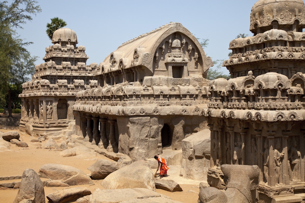 India, Mahabalipuram. The intricately-carved Panchas Rathas, part of the Five Rathas Temple, is carved entirely out of the granite bedrock.