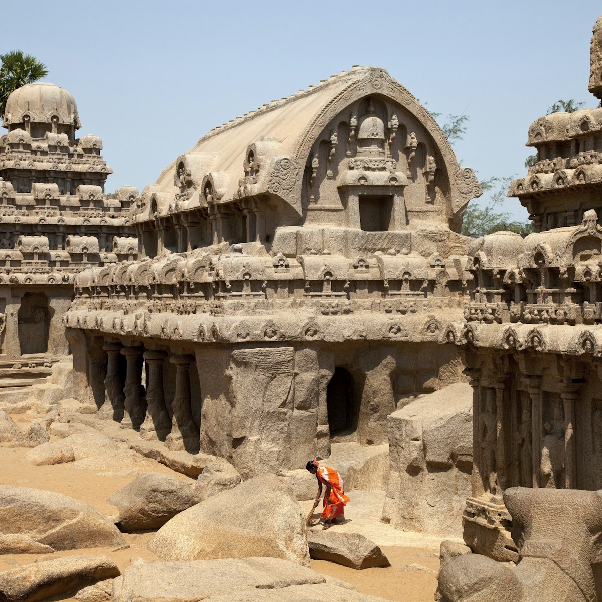 India, Mahabalipuram. The intricately-carved Panchas Rathas, part of the Five Rathas Temple, is carved entirely out of the granite bedrock.