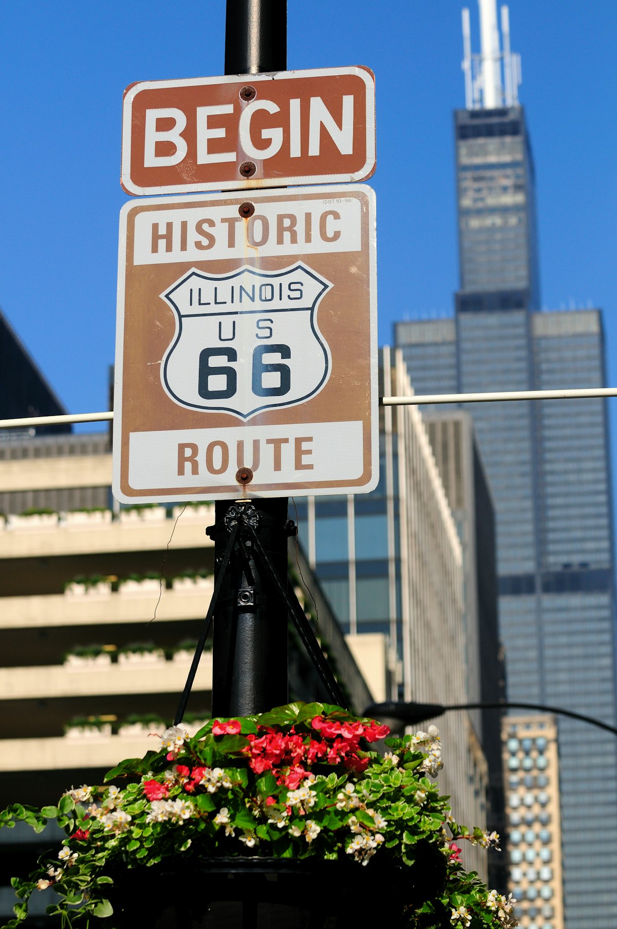 Street signs commemorating the start of the famous U.S. Route 66, Chicago, Illinois, USA