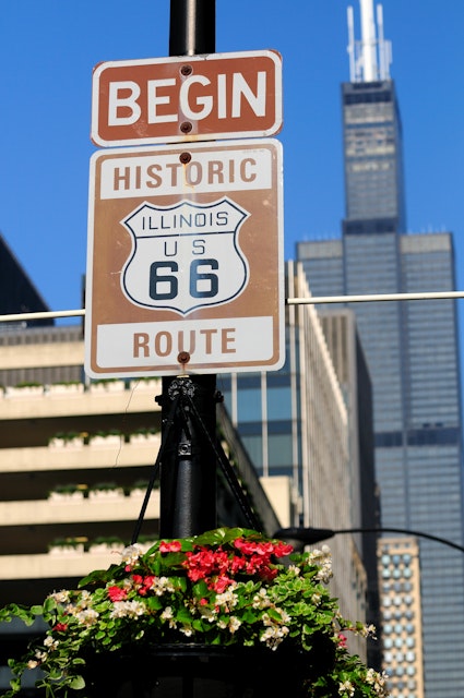 Street signs commemorating the start of the famous U.S. Route 66, Chicago, Illinois, USA
